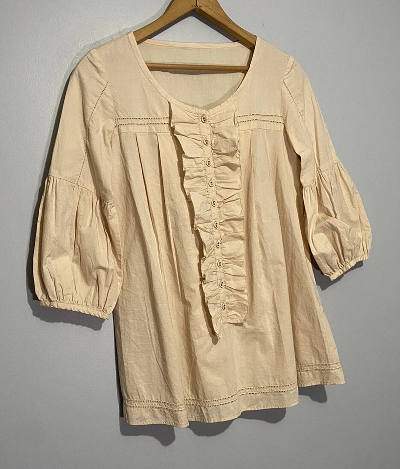 Camisa Blusa Pradera Vintage Años 70 Mediana Cottagecore Marfil Volantes Años 80 Ama de Casa Foto 3 de 4