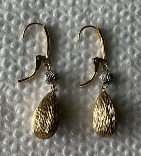 Vintage 14K EG Eterna Gold Yellow & White Gold Lever Back Dangle Drop Earrings - Picture 1 of 7