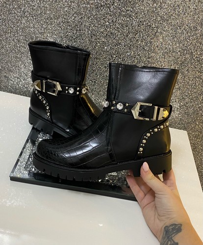 Ladies Womens Chunky Black Gem Ankle 