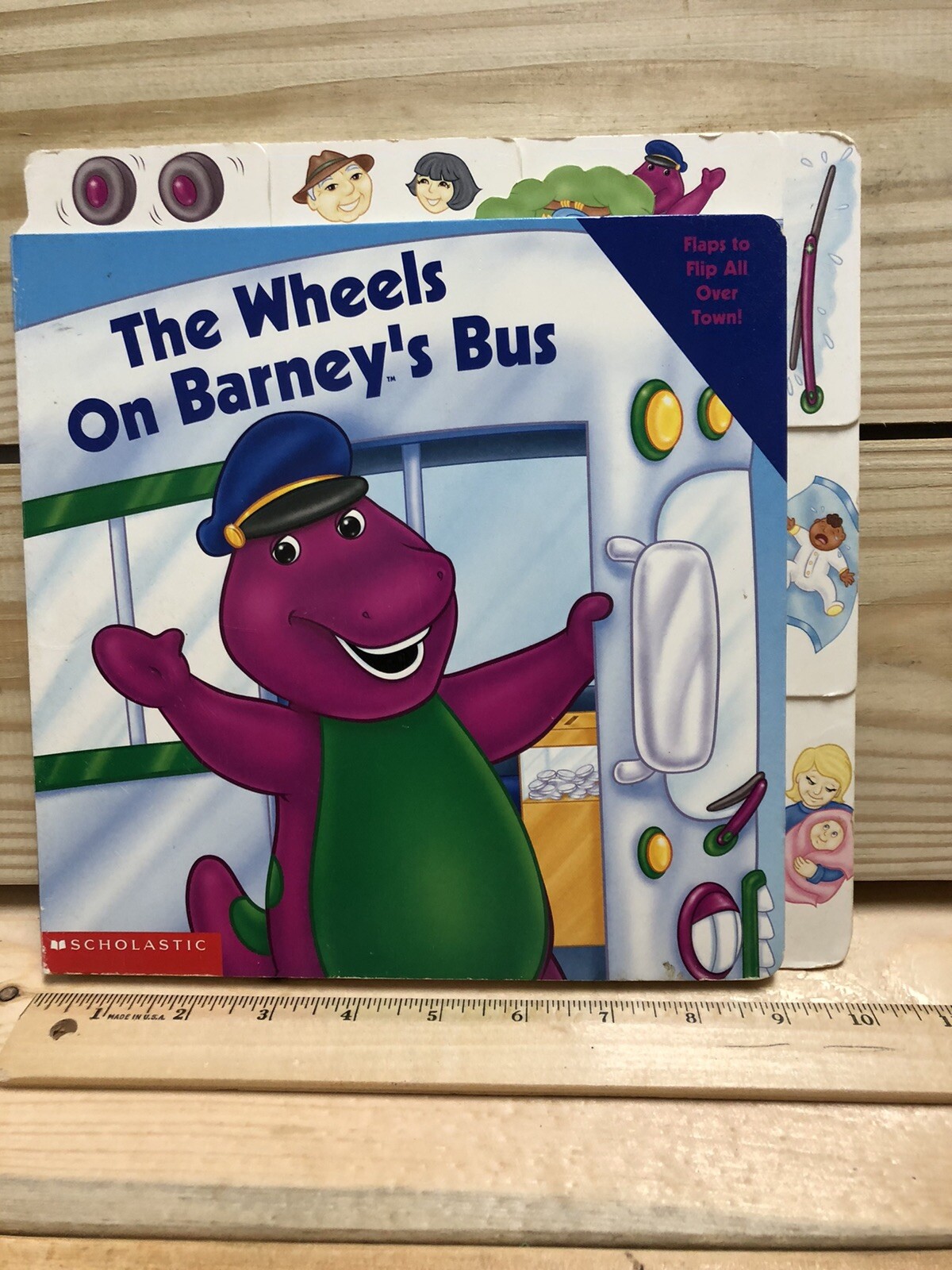 BARNEY The Wheels On Barney’s Bus Board Book With Flaps & Flips 2002
