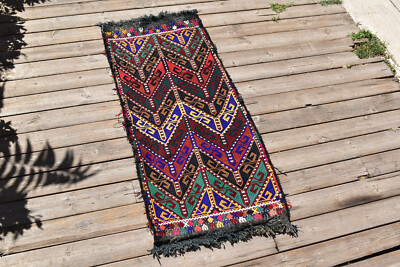 Türkischer Kelim Teppich 19 Zoll x 43 Zoll Handgewebt Sivas Mini Cicim Kelim ...