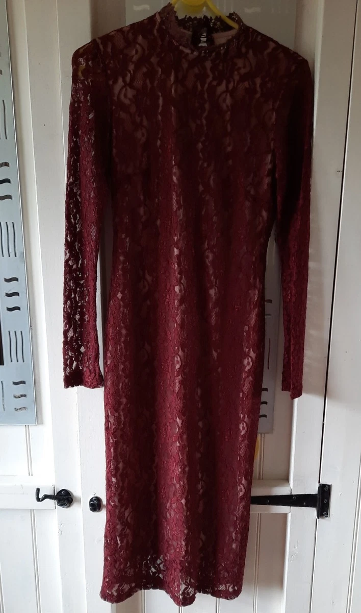 Ladies Long Sleeved Lace Overlay Bodycon Dress In Wine Colour Size