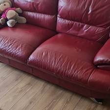 Red Leather Sofa Pillow Top Arms Metal Legs 200x100x75 cm Used