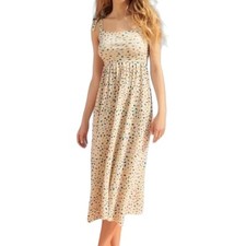 Zara Confetti Print Tie Strap Midi Dress Medium Yellow Stretch Knit Pockets 