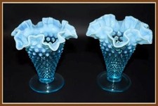 FENTON PAIR 2 -1940'S - BLUE OPALESCENT HOBNAIL - 6" CRIMPED VASES - VINTA
