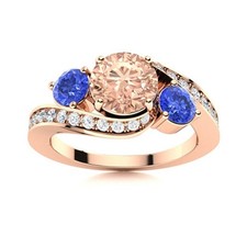925 Sterling Silver Rose Plated 5MM Round Morganite  Tanzanite Three Stone Ring