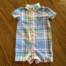 Ralph Lauren Baby Romper 6M Plaid Cotton Button Down Short Sleeve Romper