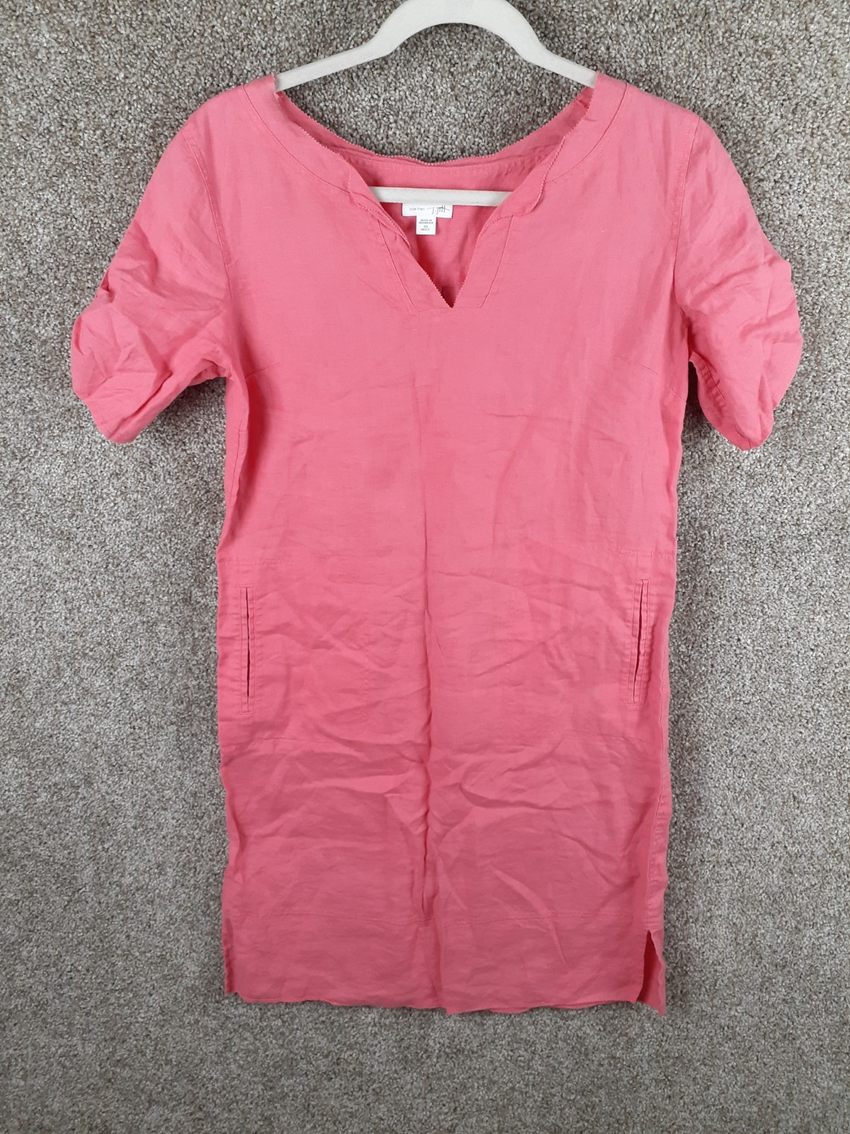 J. Jill Love Linen Shift Dress Womens XS Coral Pink 100% Linen Short Sleeve Boho