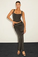 Lulus Women Morwenna Satin Lace-Up Two-Piece Maxi Dress Set Black XL