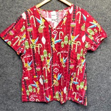 Tinkerbell Disney Scrub Top Women Large Christmas Red Holiday Shirt