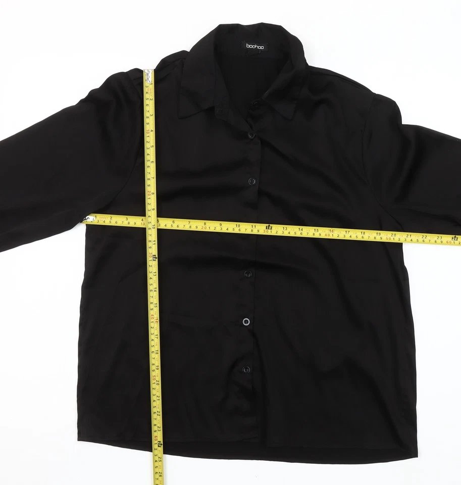 Camisa Boohoo para mujer negra manga larga imitación pluma ribete satinado abotonada Reino Unido 12 Foto 2 de 4