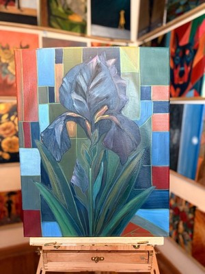 Iris Oil Painting on Canvas 16x20   Original Geometric Art VAN GOGH-INSPIRED