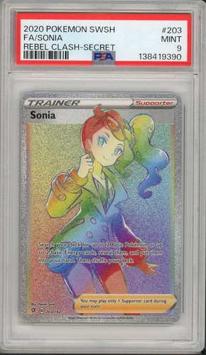 2020 Pokemon SWSH Rebel Clash Sonia Full Art Secret #203 PSA 9