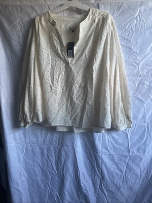 NWT Universal Thread Long Sleeve Boho Popover Blouse Size 2X Beige Shell Eyelet
