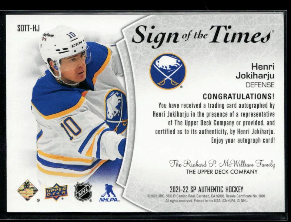 2021-22 SP Authentic Sign of the Times #SOTT-HJ Henri Jokiharju - Image 2 of 2