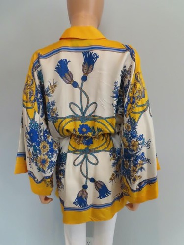 GUCCI Yellow & Blue Floral Printed Kimono Tunic Tie-Waist Blouse Size 44 - Picture 11 of 12