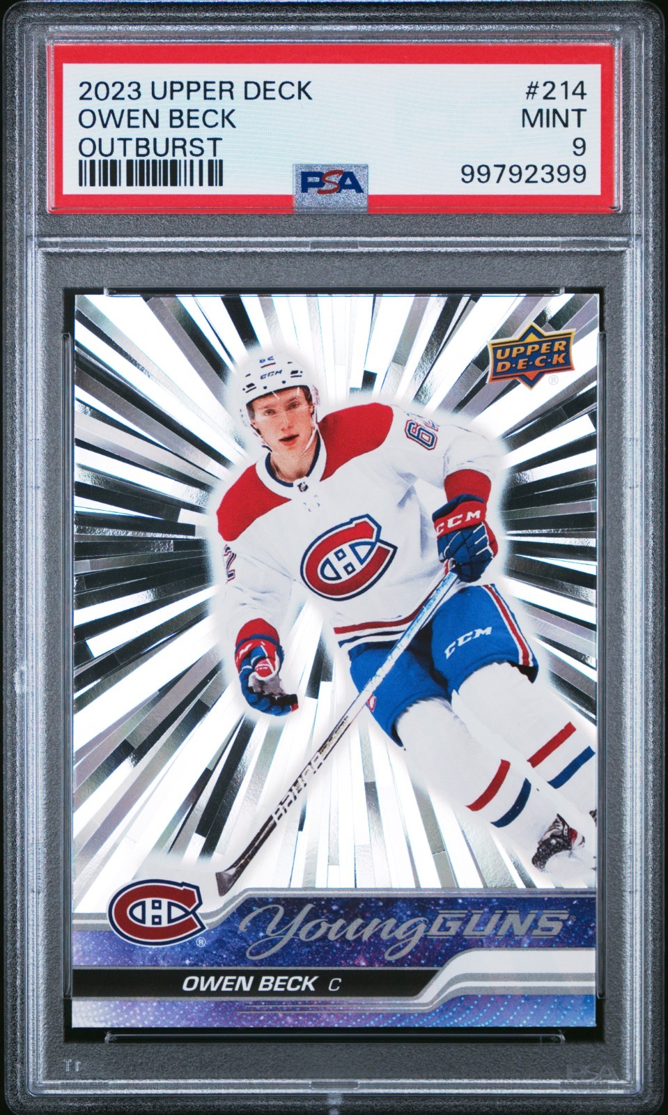 OWEN BECK 2023-24 UPPER DECK YOUNG GUNS OUTBURST ROOKIE CARD YG RC PSA 9 #214 SP