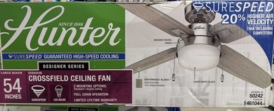 Hunter Crossfield 54in Downrod Flush Mount Brushed Nickel Fan with Light 4 Blade