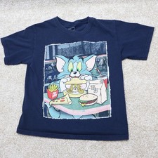 Tom  Jerry Kids Graphic T-Shirt Size L 10-12 Cartoon Navy Blue Tee