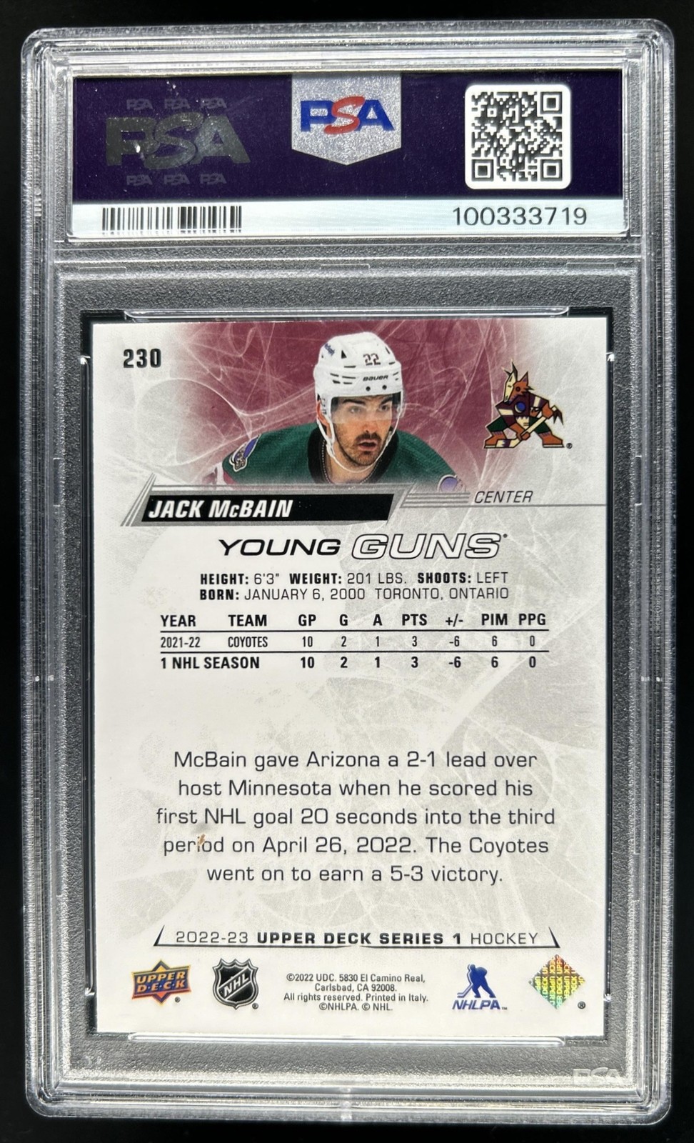 2022-23 Upper Deck Jack McBain Rookie Young Guns RC #230 Coyotes PSA 10 GEM MINT view 2