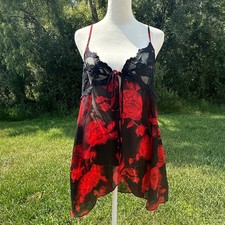 Vintage Babydoll Floral Lace Coquette Romantic Mesh Lingerie Women M Black Red