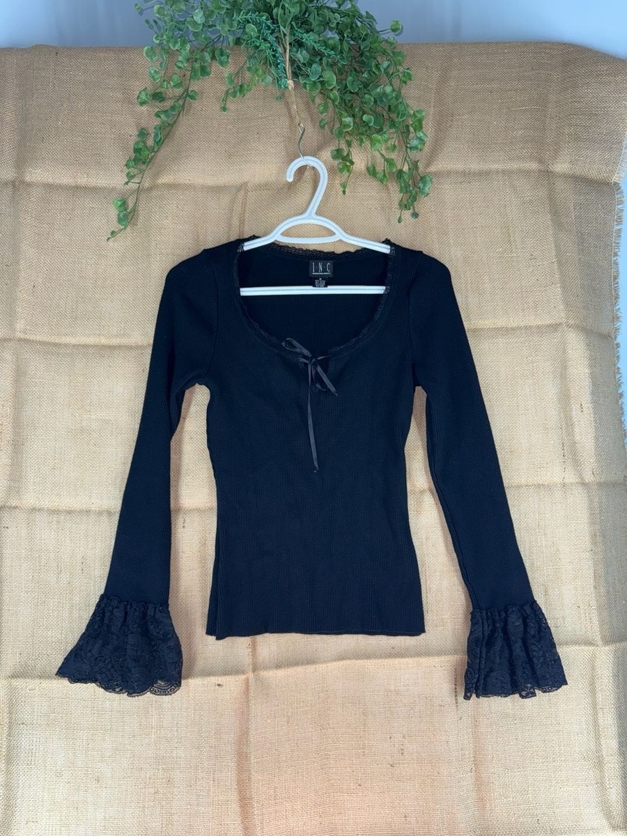 I.N.C Vintage Y2K Ribbed Knit Lace Trim Bell Sleeve Top with