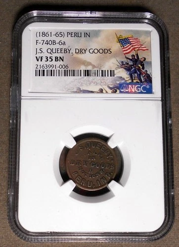 Peru IN 740B-6a, J.S. Queeby, R-2, copper, 19mm, NGC VF35 Brown