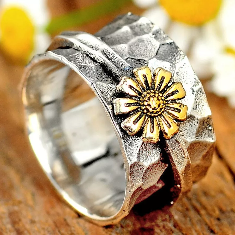 Sunflower Spinner Ring for Women Sterling Silver Fidget Wide Band Size 6 7 8 9