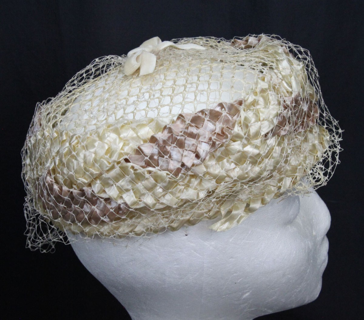 Vintage Woven Straw Pillbox Hat with Brown Birdcage Veiling and Bow Cream birdcage veil hat products for sale | eBay main image 2