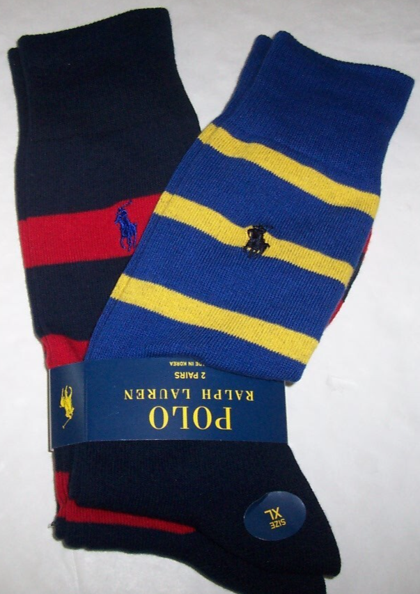 Polo Ralph Lauren 2 PAIA calze 73% cotone a righe blu giallo rosso nuove con etichette XL PONY