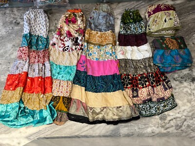 Lot of 5 Pcs Vintage 7 Layer Silk Sari Recycled Tiered Boho Gypsy Palazzo Pants
