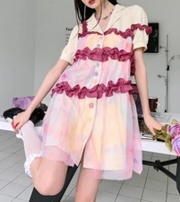 Korean Style Women's Fashion Harajuku Loose Short Sleeved Ruffled Shirt Dress