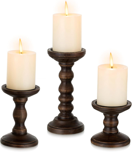 Wood Candle Holders for Pillar - Set of 3 Tall Rustic Vintage Wooden Candlestick - Picture 7 of 11