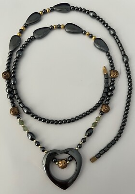 Cat-Lovers Hematite Heart Necklace w/Brass Cat Accents & Gold-Tone Beads 32'' L