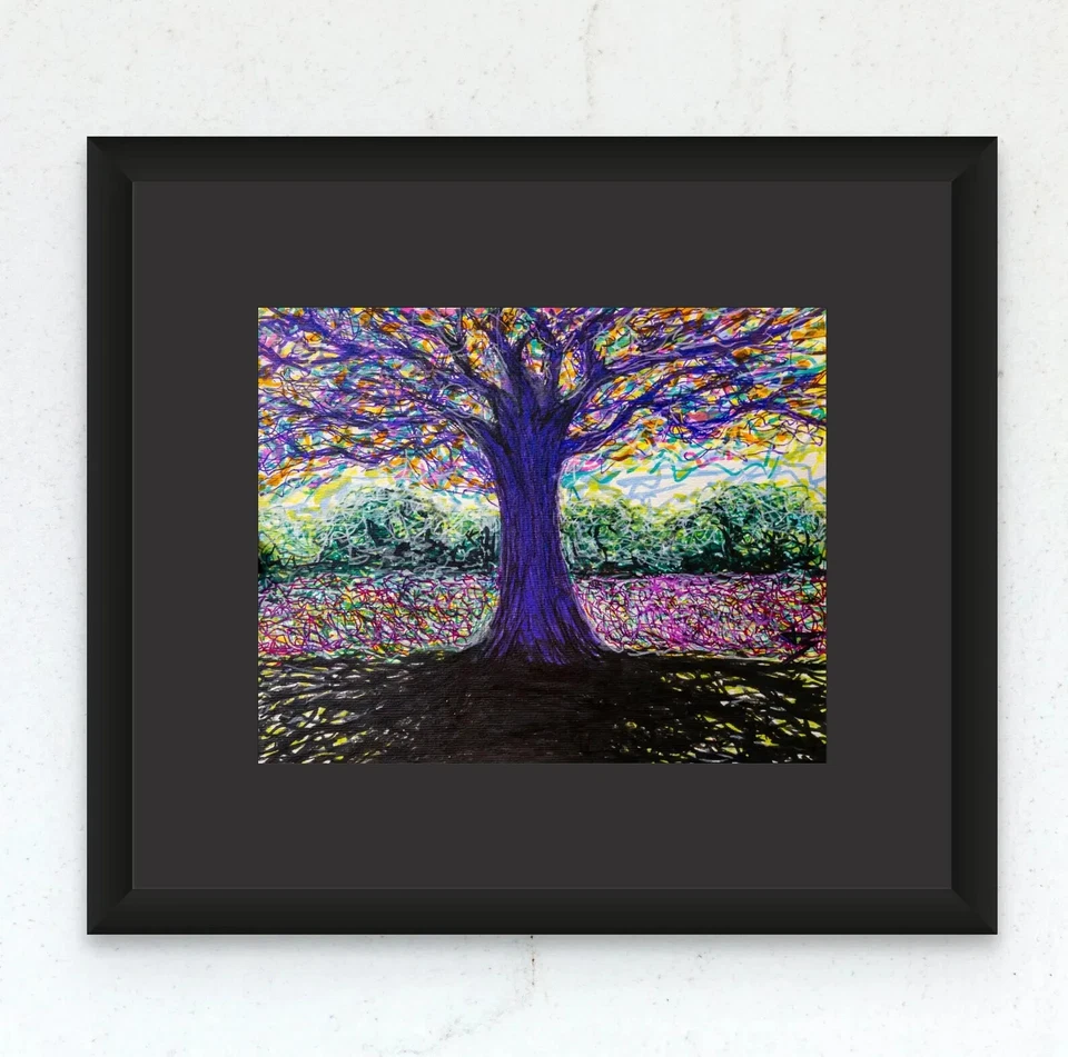 Árbol Sombreado Original 11x14 Pluma y Marcador Dibujo Colorido Paisaje No Van Gogh Foto 3 de 4