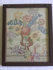Vintage Hand Embroidered Framed Floral Garden Bouquet 21" x 17" Beautiful