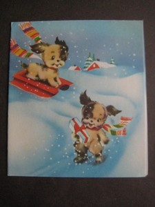 1950s vintage greeting card CHRISTMAS Puppies On Skates & Sled In Snow