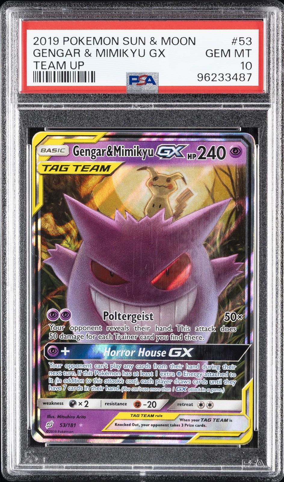 2019 POKEMON SUN & MOON TEAM UP #53 GENGAR & MIMIKYU GX PSA 10