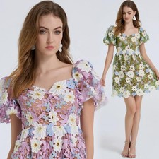 Women's Green Purple Floral Embroidery Party Fashion Short Dress High Waist Sexy
