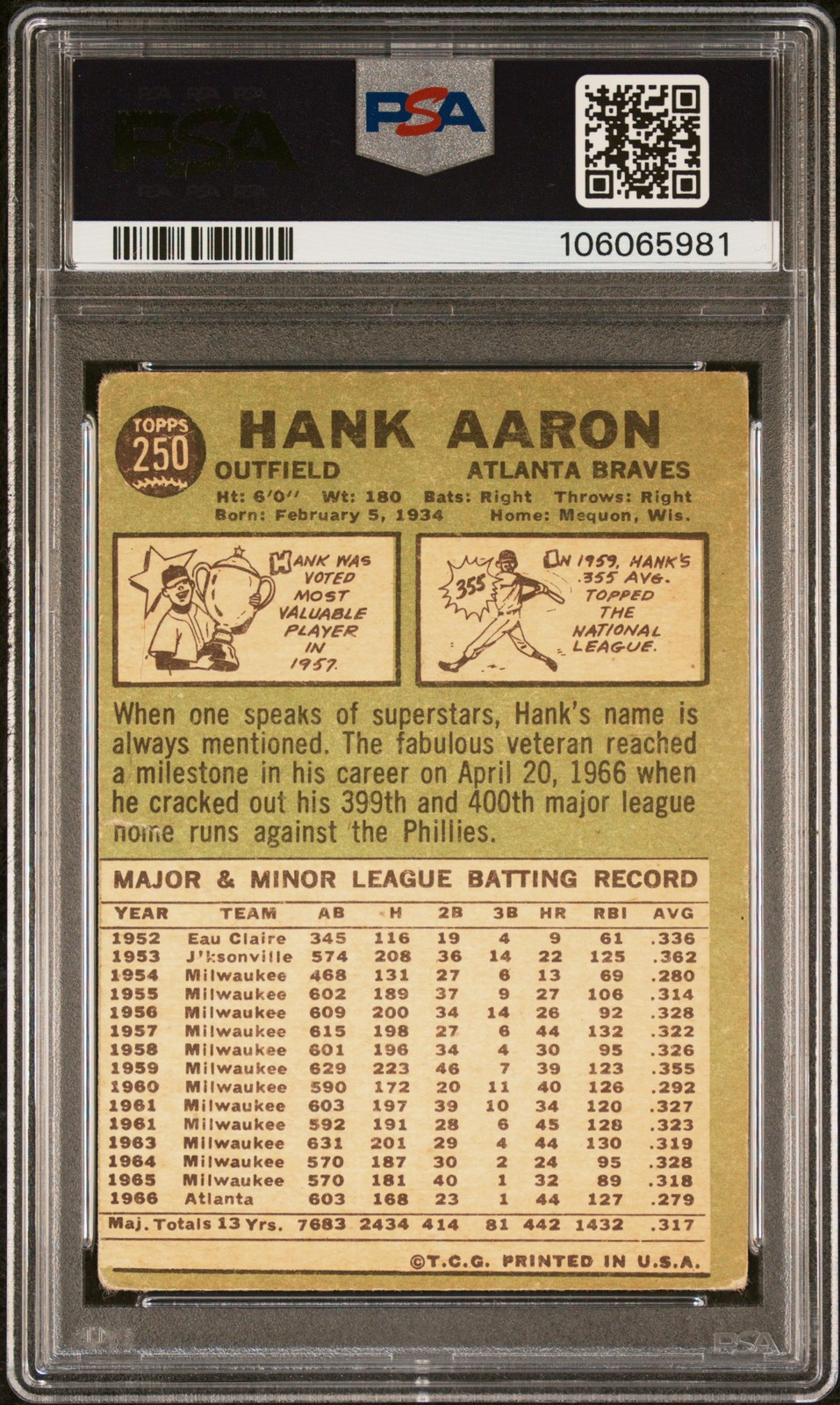 1967 Topps #250 Hank Aaron PSA 1.5 view 2