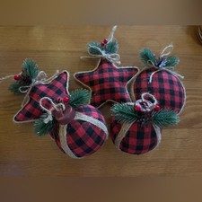 set of 5 red Buffalo plaid ornaments