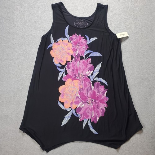 Soma Live Lounge Wear Black Floral Medium Swing Tunic Tank Stretch Knit - Picture 2 of 11