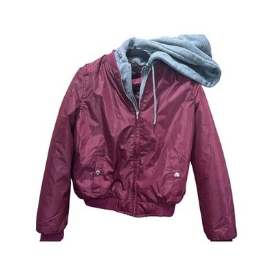 Ambiance Outerwear Womens Burgundy Bomber Jacket Grey Hooded Full Zip Medium