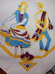 Vintage tablecloth Mexican fiesta hat dance cowgirl cowboy serape center