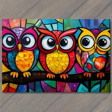 Art Print Four Colorful Owls Bright Funky Birds Rainbow Geometric