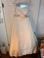 Allure Bridals Ivory A-Line Strapless Satin Wedding Dress with Champagne Detail