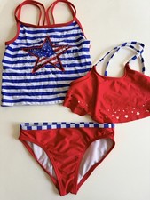 Wonder Nation Girls 3 Piece Bikini Set S 6/6X Red White Blue Tank Stripe
