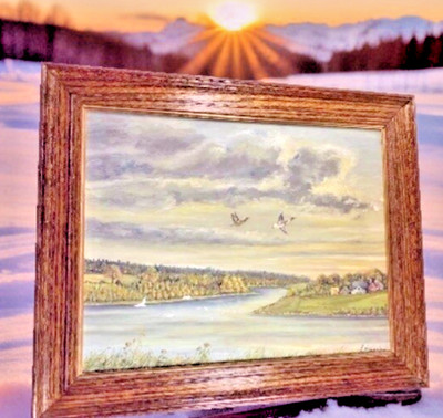 Regen Vögel Landschaft Gemälde bewölkt grau Himmel signiert Dawson Volkskunst Eichenrahmen...