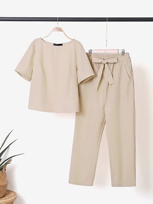 Womens 2 Piece Outfits Linen Matching Set Short Sleeve T Shirts & Capri Pants d