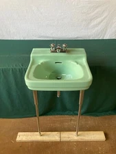 Vtg Mid Century Jadeite Ming Green Porcelain Bath Sink Chrome Brass legs 368-24E